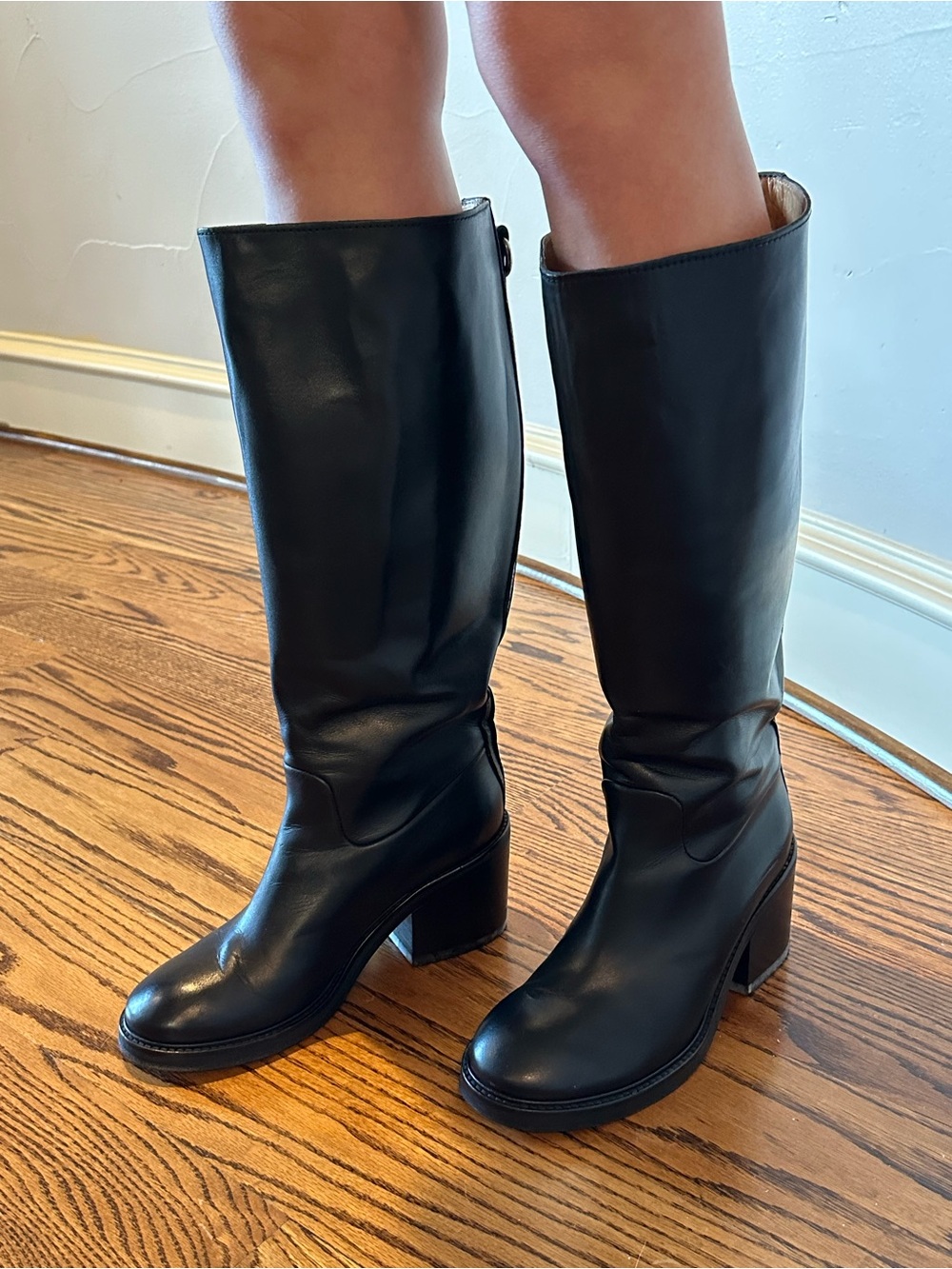 ACNE Black Leather Officer Boots Knee-High Riding Block Heel🌸